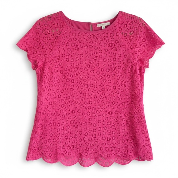 J. Crew Tops - J. Crew Lace Overlay Short Sleeve Scalloped Hem Top Resort Cruise Bright Pink 2